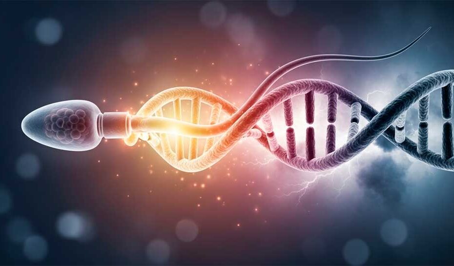 Epigenética del esperma: Ultra-realistic illustration of a human sperm cell carrying a subtle double helix made of light and shadow