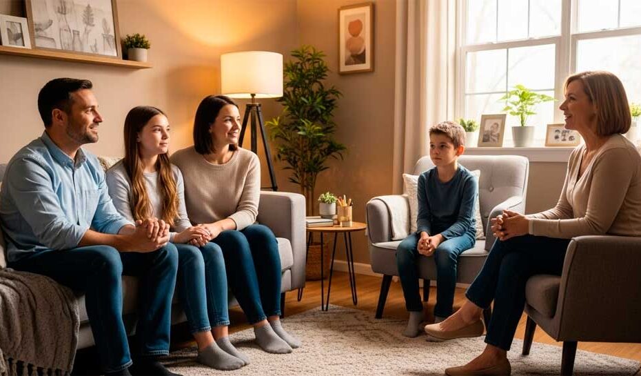 Tratamiento de adicciones ambulatorio. Ilustración realista de una familia reunida en casa conversando con un terapeuta