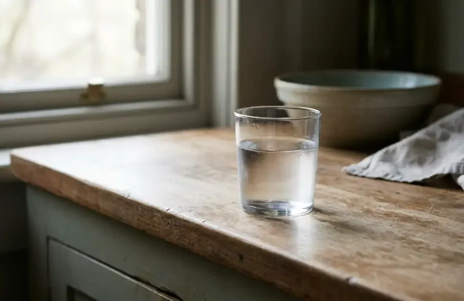 Vaso de agua potable de la llave en una cocina en Lima